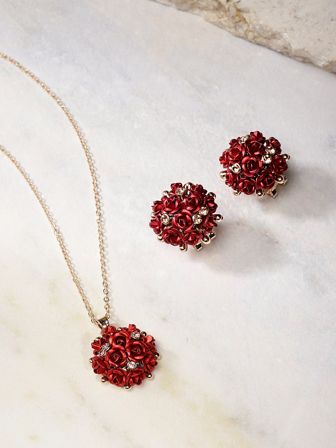 YouBella Red Gold-Plated Stone-Studded Floral Jewellery Set